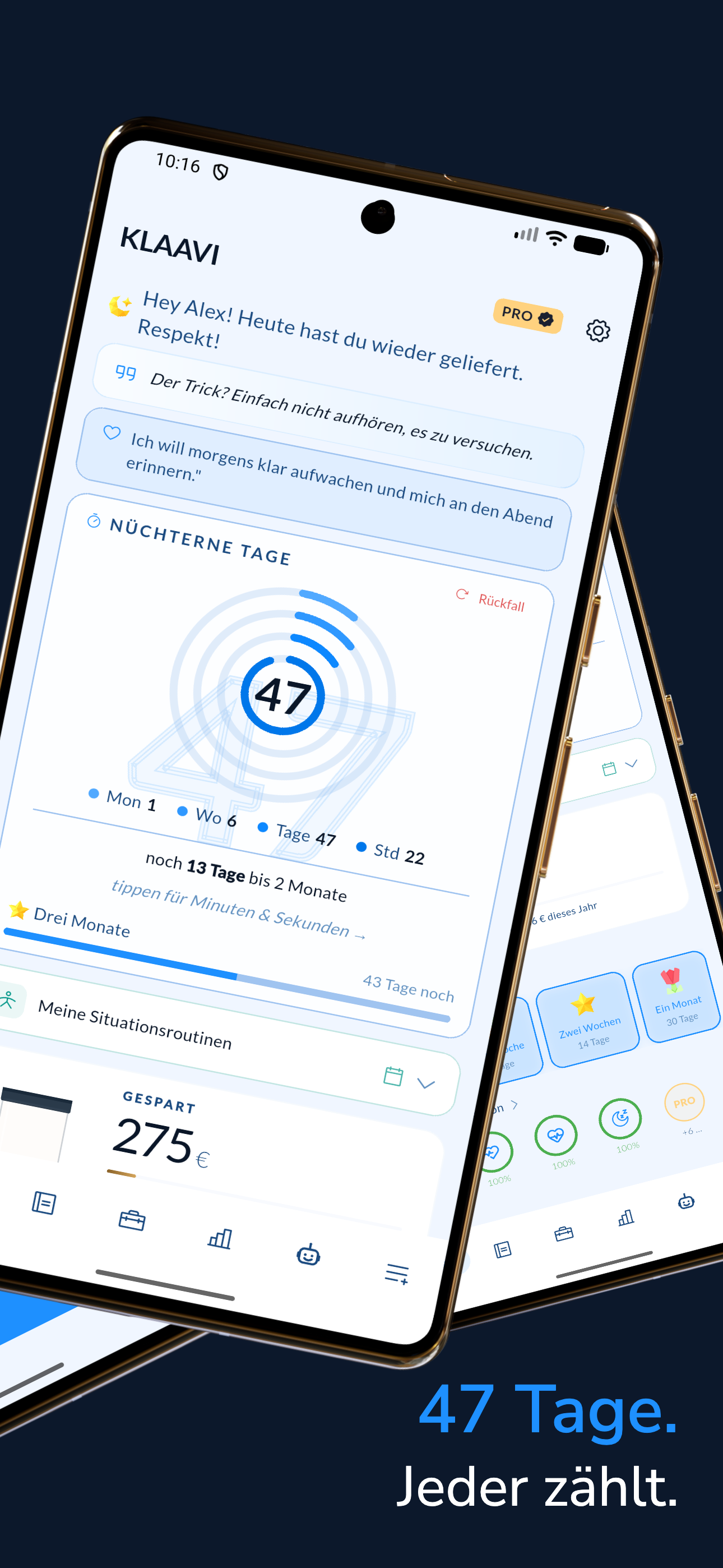 OONVAA home screen with timer and milestones